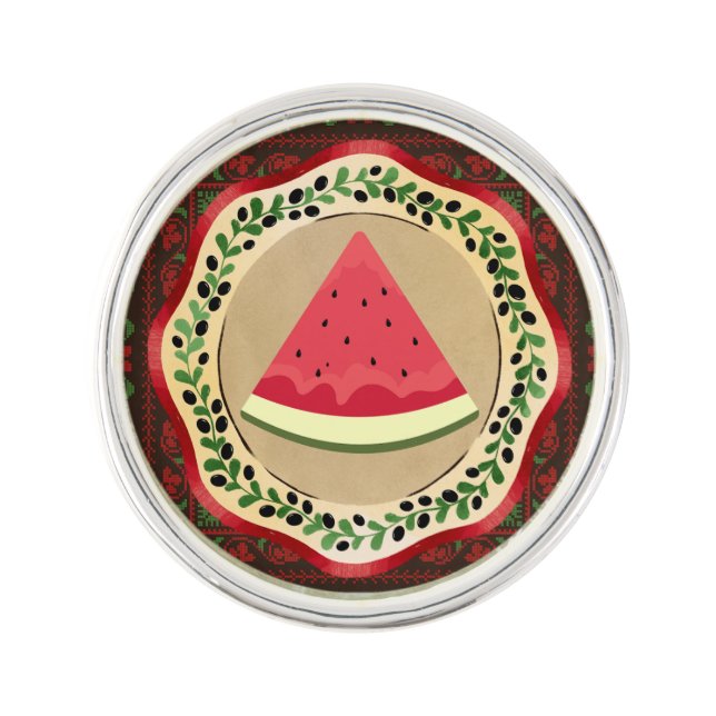 watermelon on olive plate with Palestinian tatreez Lapel Pin (Front)