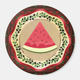 watermelon on olive plate with Palestinian tatreez Magnet