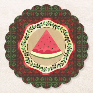 watermelon on olive plate with Palestinian tatreez Paper Coaster