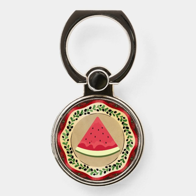 watermelon on olive plate with Palestinian tatreez Phone Ring Stand (Front)