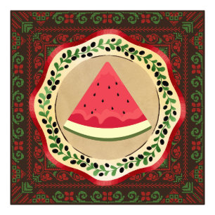 watermelon on olive plate with Palestinian tatreez Photo Print