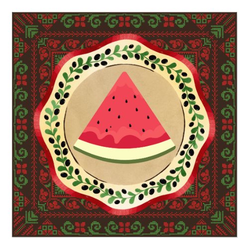 watermelon on olive plate with Palestinian tatreez Photo Print