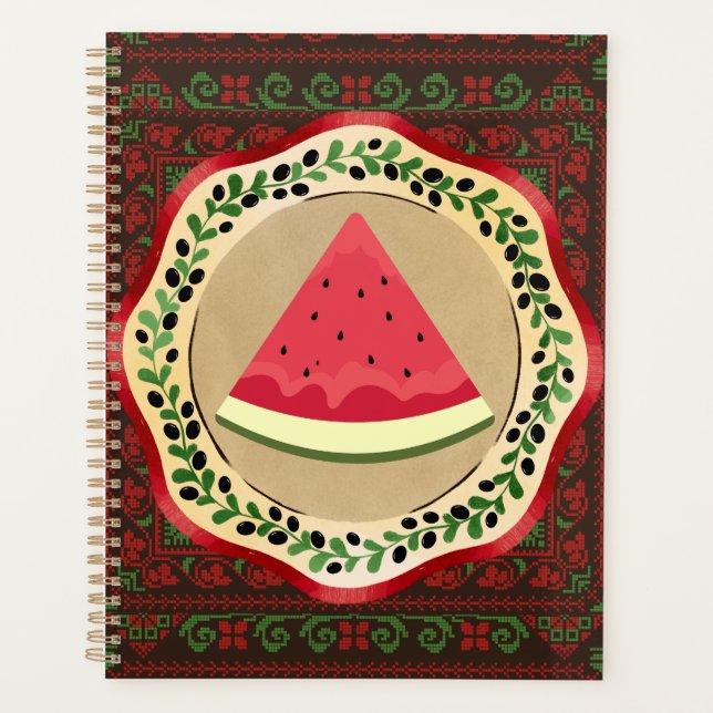 watermelon on olive plate with Palestinian tatreez Planner (Front)