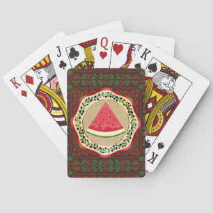 watermelon on olive plate with Palestinian tatreez Poker Cards