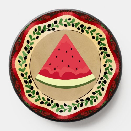 watermelon on olive plate with Palestinian tatreez PopSocket