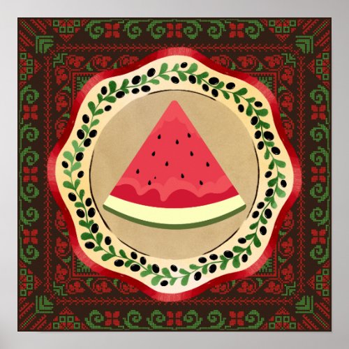 watermelon on olive plate with Palestinian tatreez Poster