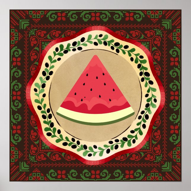 watermelon on olive plate with Palestinian tatreez Poster (Front)
