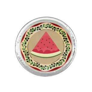 watermelon on olive plate with Palestinian tatreez Ring