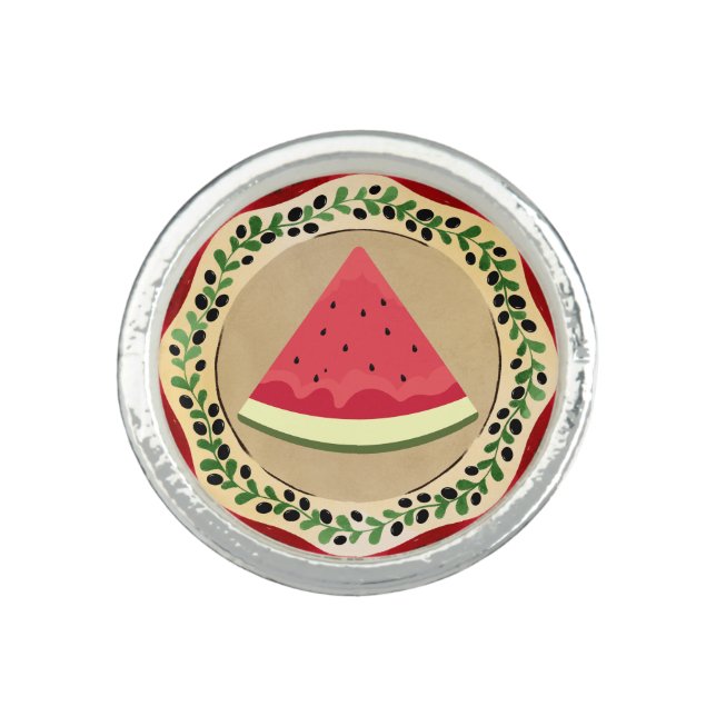 watermelon on olive plate with Palestinian tatreez Ring (Front)