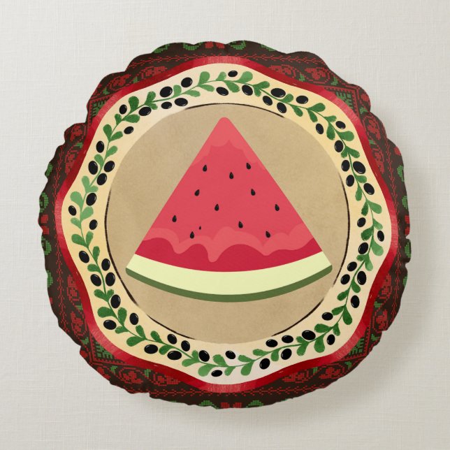 watermelon on olive plate with Palestinian tatreez Round Pillow (Front)