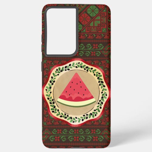 watermelon on olive plate with Palestinian tatreez Samsung Galaxy S21 Case