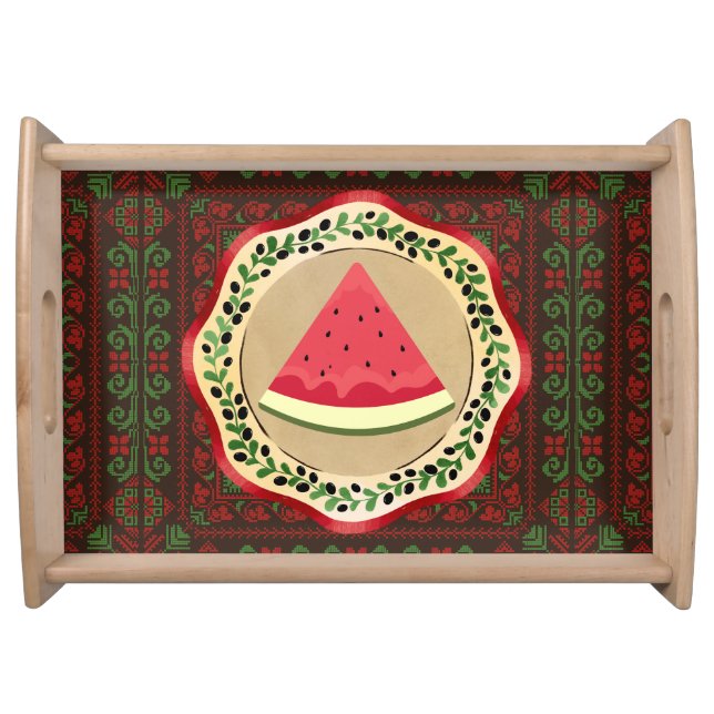 watermelon on olive plate with Palestinian tatreez Serving Tray (Front)
