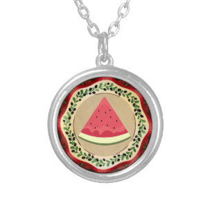 watermelon on olive plate with Palestinian tatreez Silver Plated Necklace