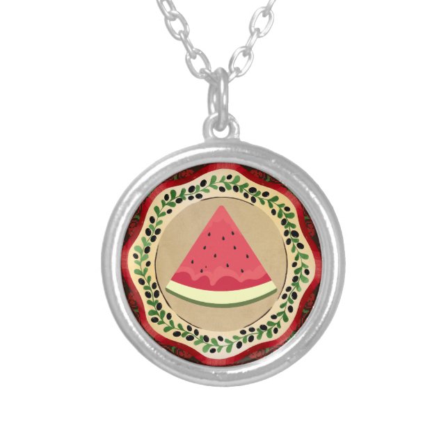 watermelon on olive plate with Palestinian tatreez Silver Plated Necklace (Front)
