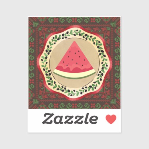 watermelon on olive plate with Palestinian tatreez Sticker