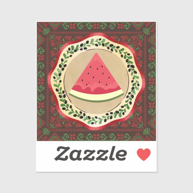 watermelon on olive plate with Palestinian tatreez Sticker (Sheet)