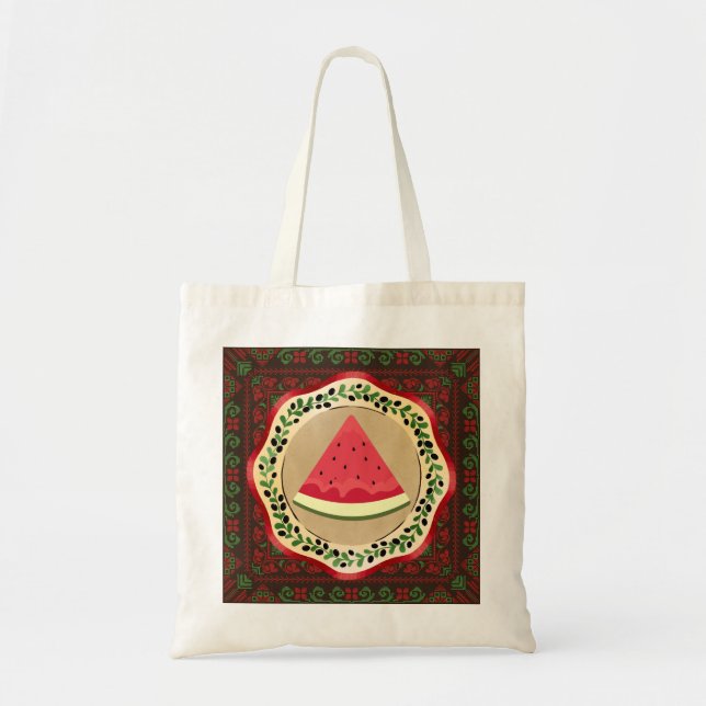watermelon on olive plate with Palestinian tatreez Tote Bag (Front)