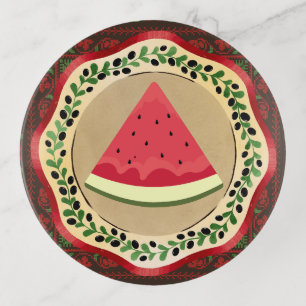 watermelon on olive plate with Palestinian tatreez Trinket Tray