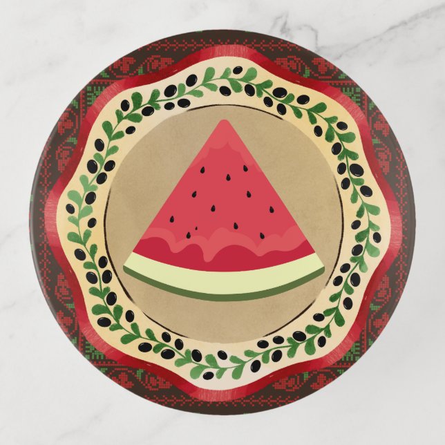 watermelon on olive plate with Palestinian tatreez Trinket Tray (Front)