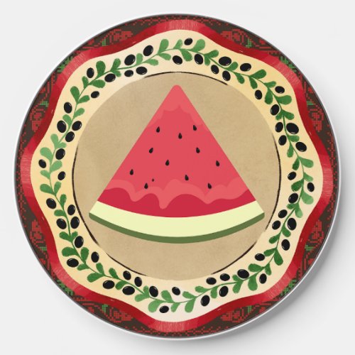 watermelon on olive plate with Palestinian tatreez Wireless Charger