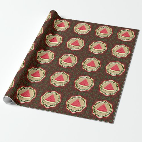 watermelon on olive plate with Palestinian tatreez Wrapping Paper
