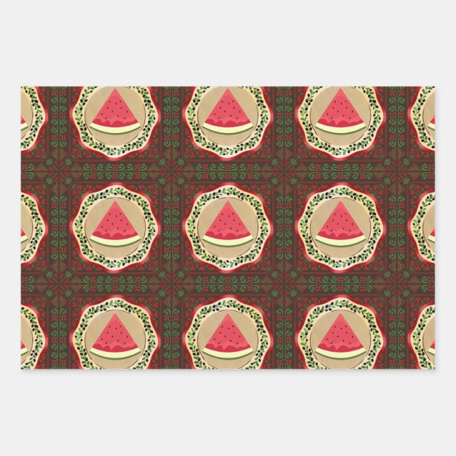watermelon on olive plate with Palestinian tatreez Wrapping Paper Sheets (Front)