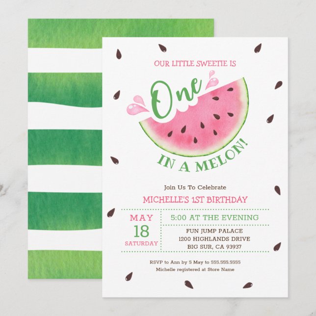 Watermelon One In A Melon 1st Birthday Invitation (Front/Back)