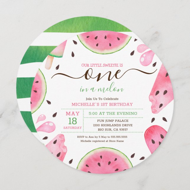 Watermelon One In A Melon 1st Birthday Invitation (Front/Back)