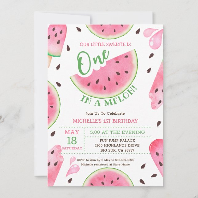 Watermelon One In A Melon 1st Birthday Invitation (Front)