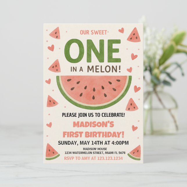 Watermelon “One in a Melon” 1st Birthday Invitation (Standing Front)