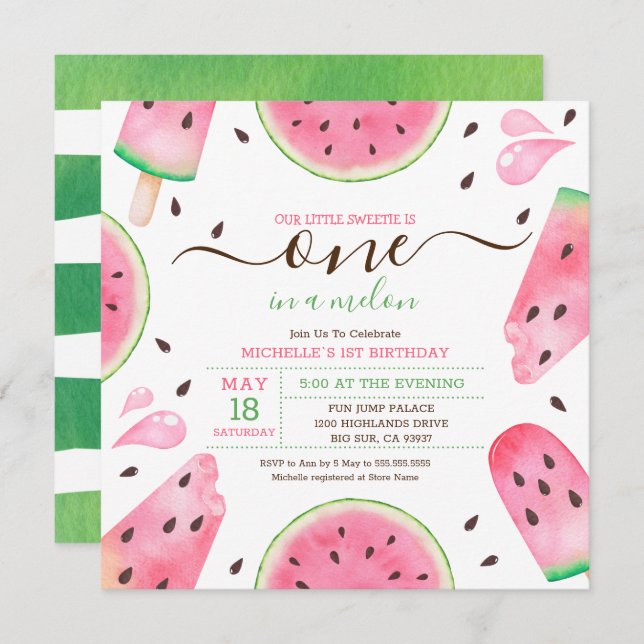 Watermelon One In A Melon 1st Birthday Invitation (Front/Back)