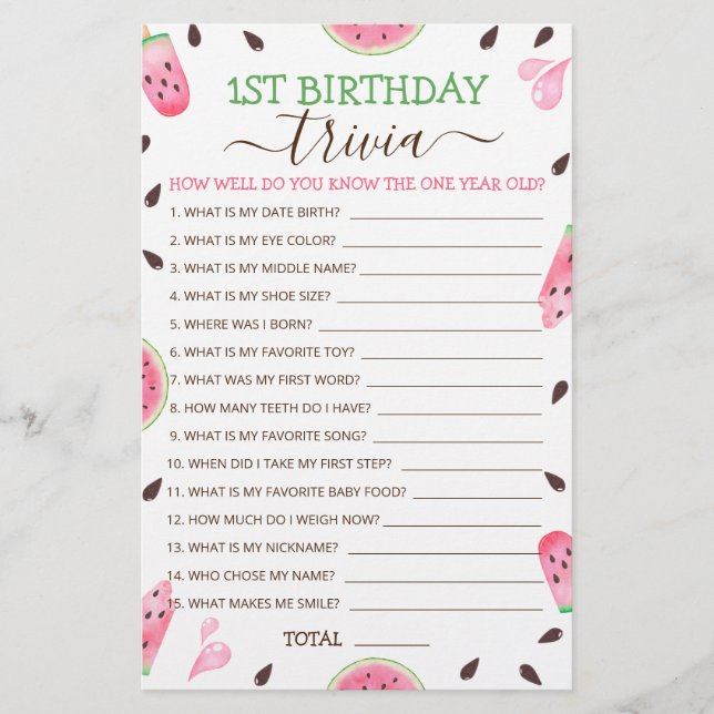 Watermelon One In A Melon 1st Birthday Trivia Game (Front)