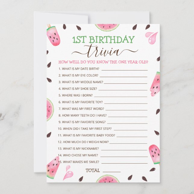 Watermelon One In A Melon 1st Birthday Trivia Game Holiday Card (Front)