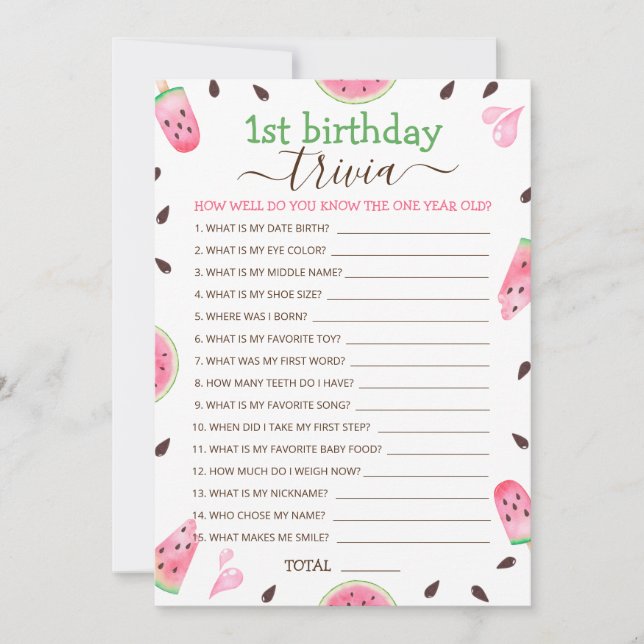 Watermelon One In A Melon 1st Birthday Trivia Game Holiday Card (Front)