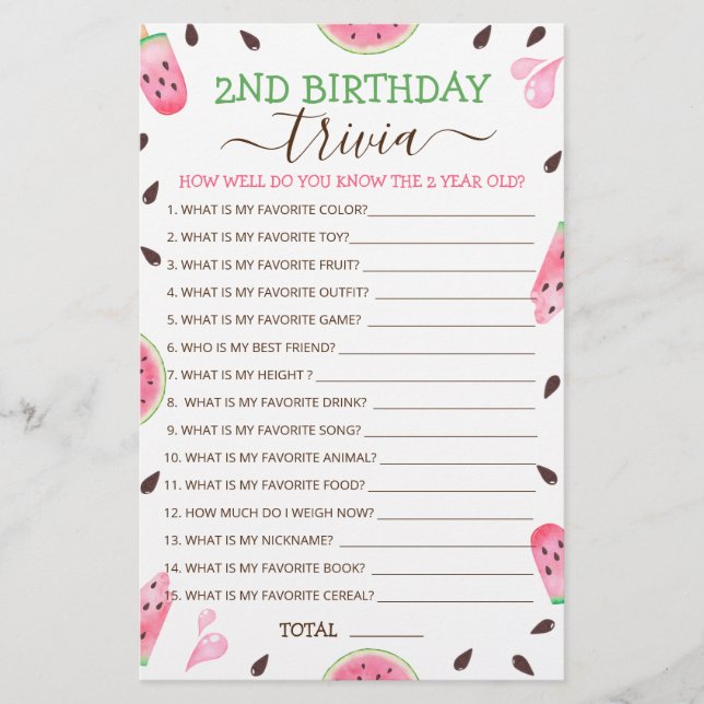 Watermelon One In A Melon 2nd Birthday Trivia Game (Front)