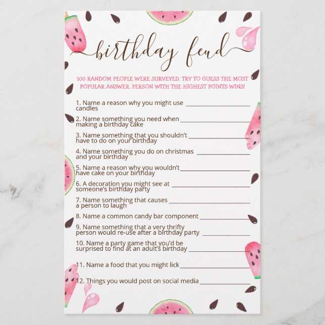 Watermelon One In A Melon Birthday Feud game (Front)