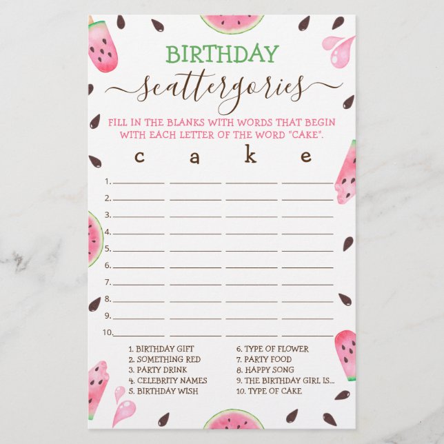 Watermelon One In A Melon Birthday Scattergories (Front)