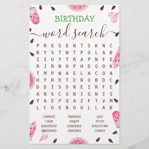 Watermelon One In A Melon Birthday Word search