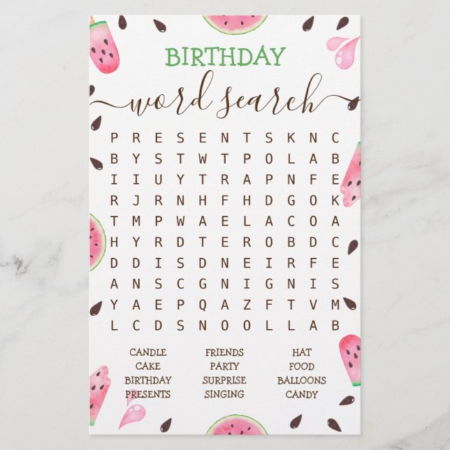 Watermelon One In A Melon Birthday Word search (Front)