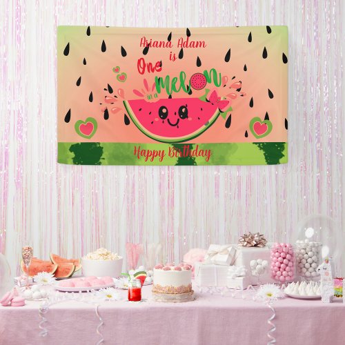 Watermelon One in a Melon Girls First Birthday  Banner