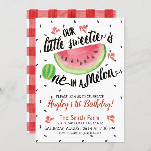  Watermelon ONE in a Melon Watercolor Red Gingham Invitation