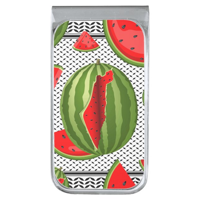 Watermelon Palestine Map Slice Silver Finish Money Clip (Front Vertical)