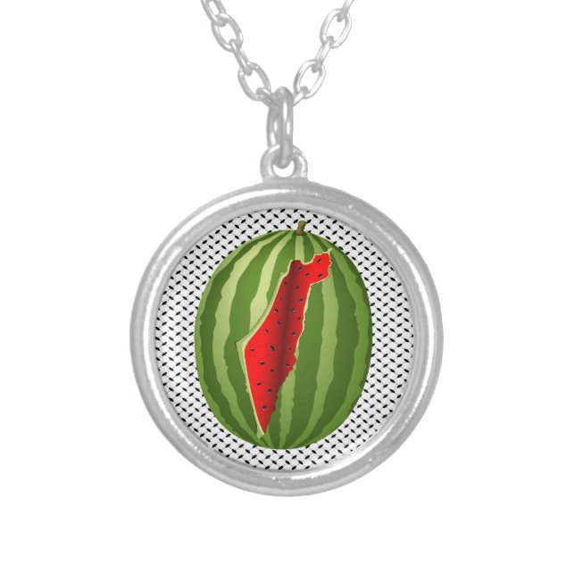 Watermelon Palestine Map Slice Silver Plated Necklace (Front)