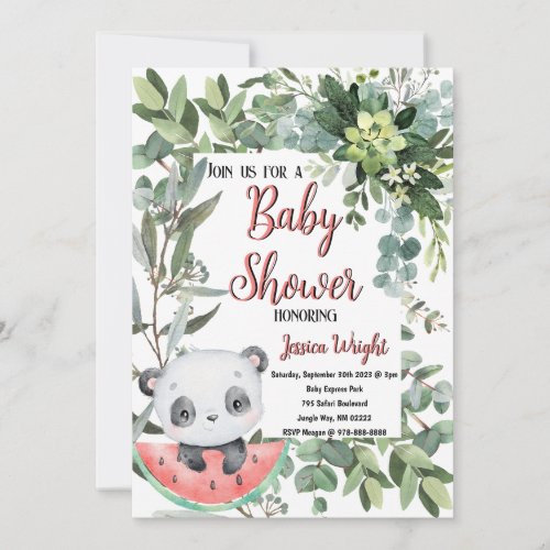 Watermelon Panda Watercolor Baby Shower Invitation