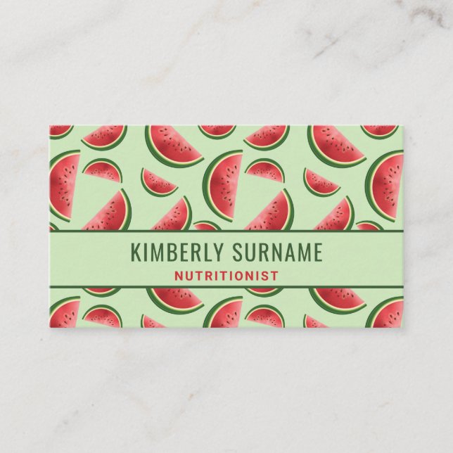 Watermelon Pattern On Green Nutritionist Business Card (Front)