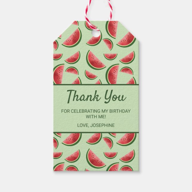 Watermelon Pattern On Green Thank You Birthday Gift Tags (Front)