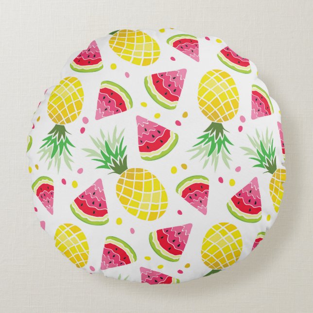 Watermelon Pineapple Summer Seamless Print Round Pillow (Front)