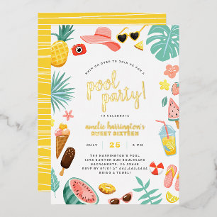 Watermelon, Pineapple & Tropical Leaves Pool Party Foil Invitation