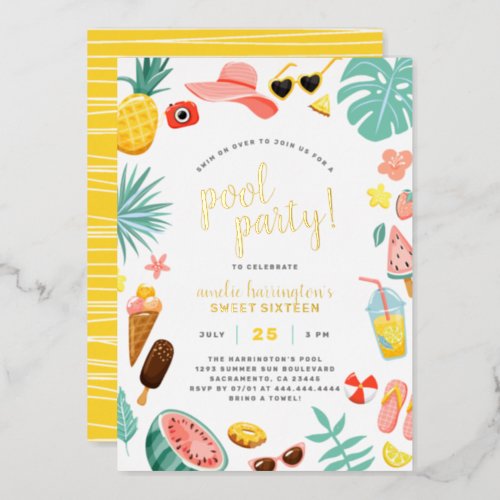 Watermelon Pineapple  Tropical Leaves Pool Party Foil Invitation