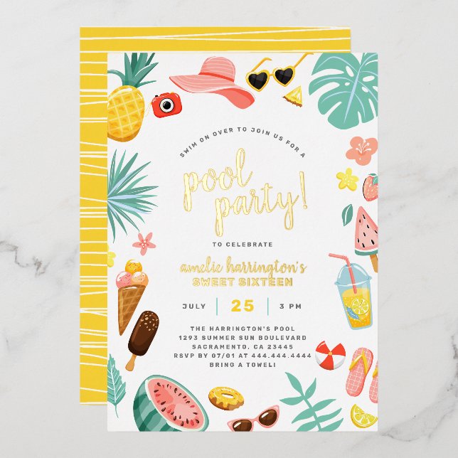 Watermelon, Pineapple & Tropical Leaves Pool Party Foil Invitation (Front/Back)